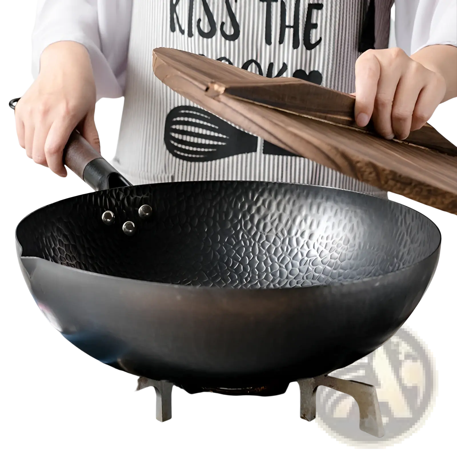 Black hammered steel handmade iron wok with wooden lid and black handle for traditional cooking