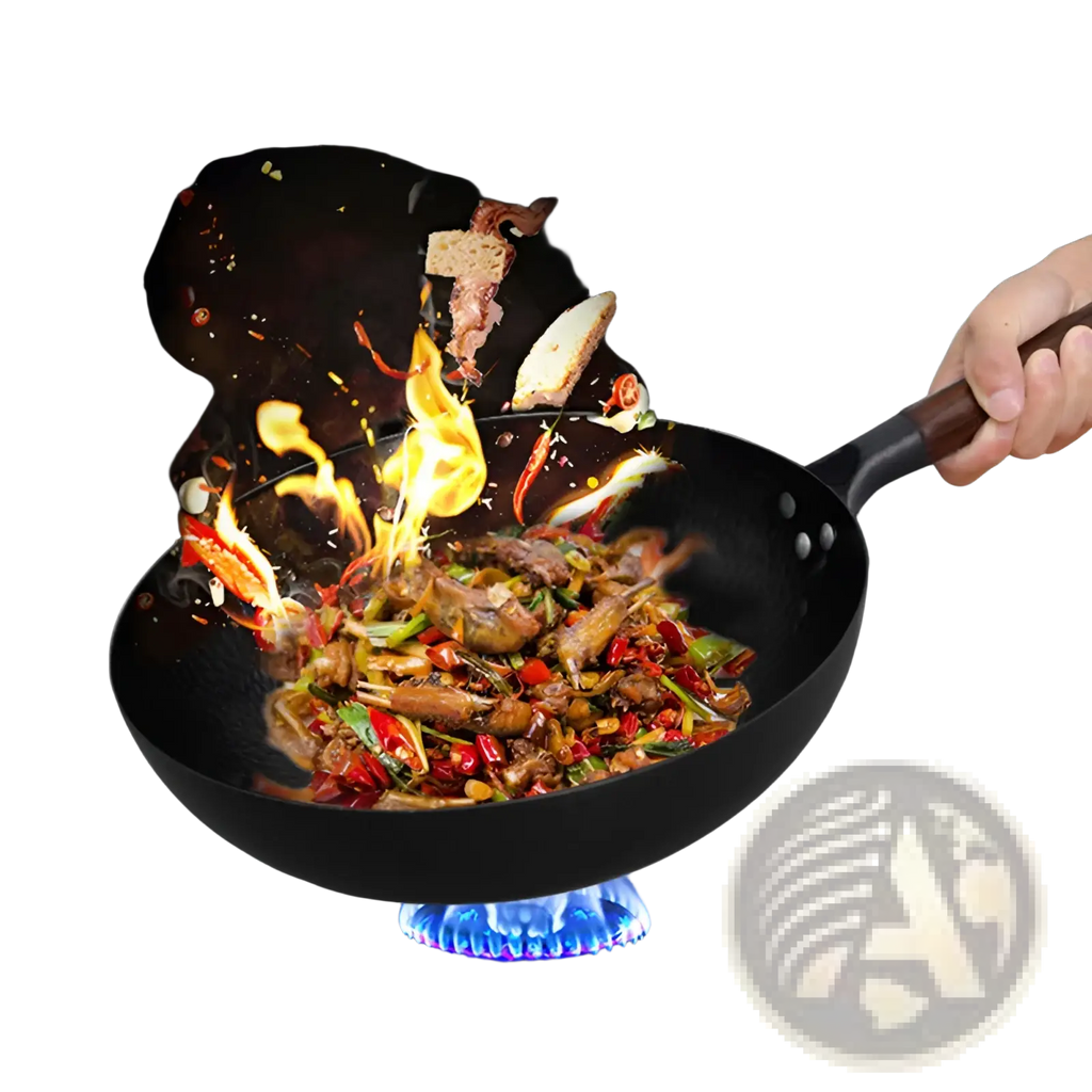 Handmade black iron wok with wooden handle and glass lid cooking sizzling stir-fried ingredients with flames