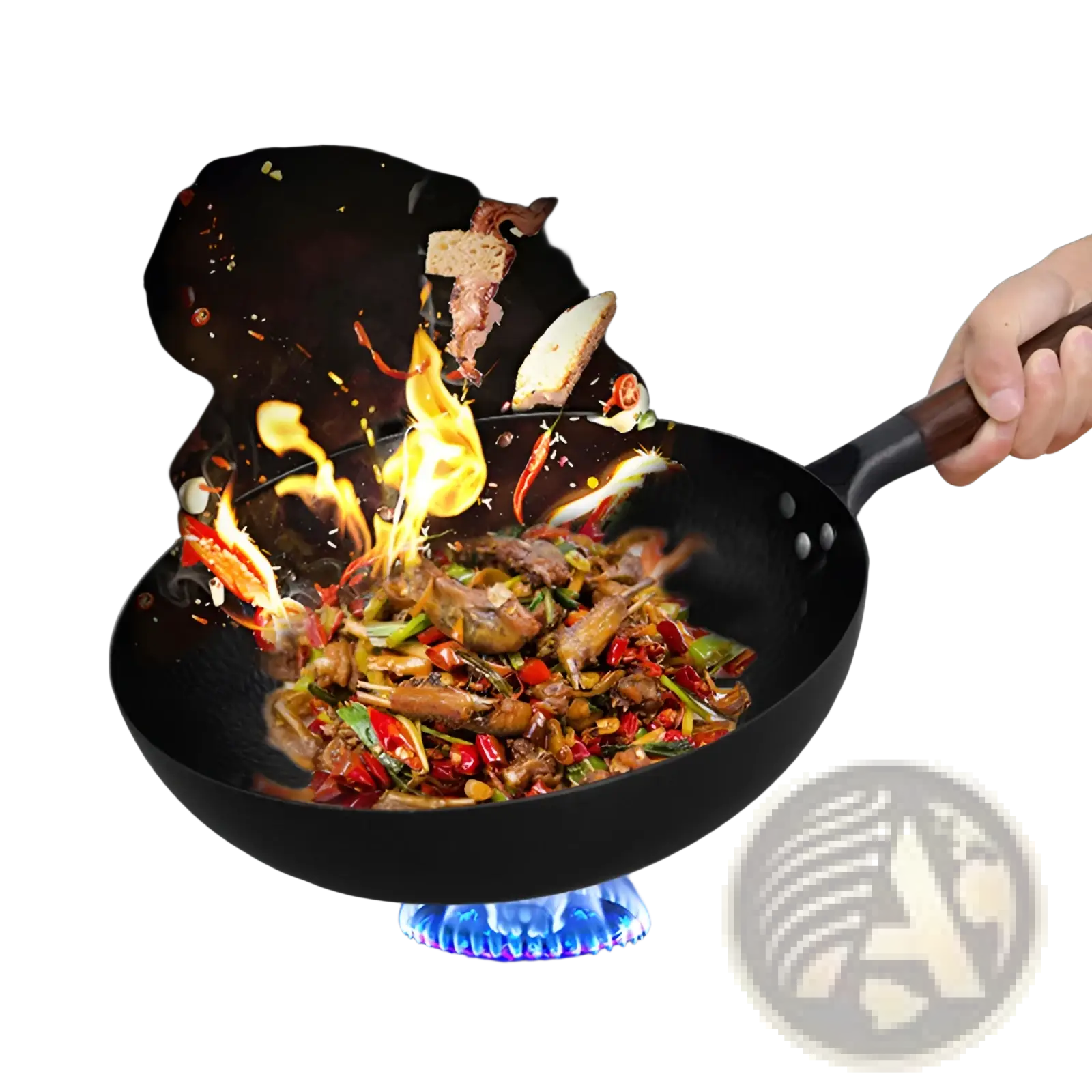 Handmade black iron wok with wooden handle and glass lid cooking sizzling stir-fried ingredients with flames