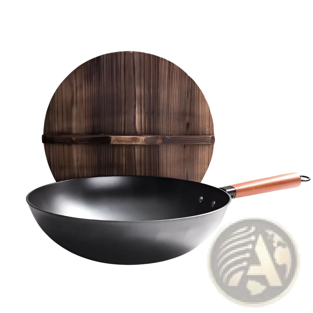 Handmade black cast iron wok with copper-colored wooden handle and matching wooden lid for versatile cooking