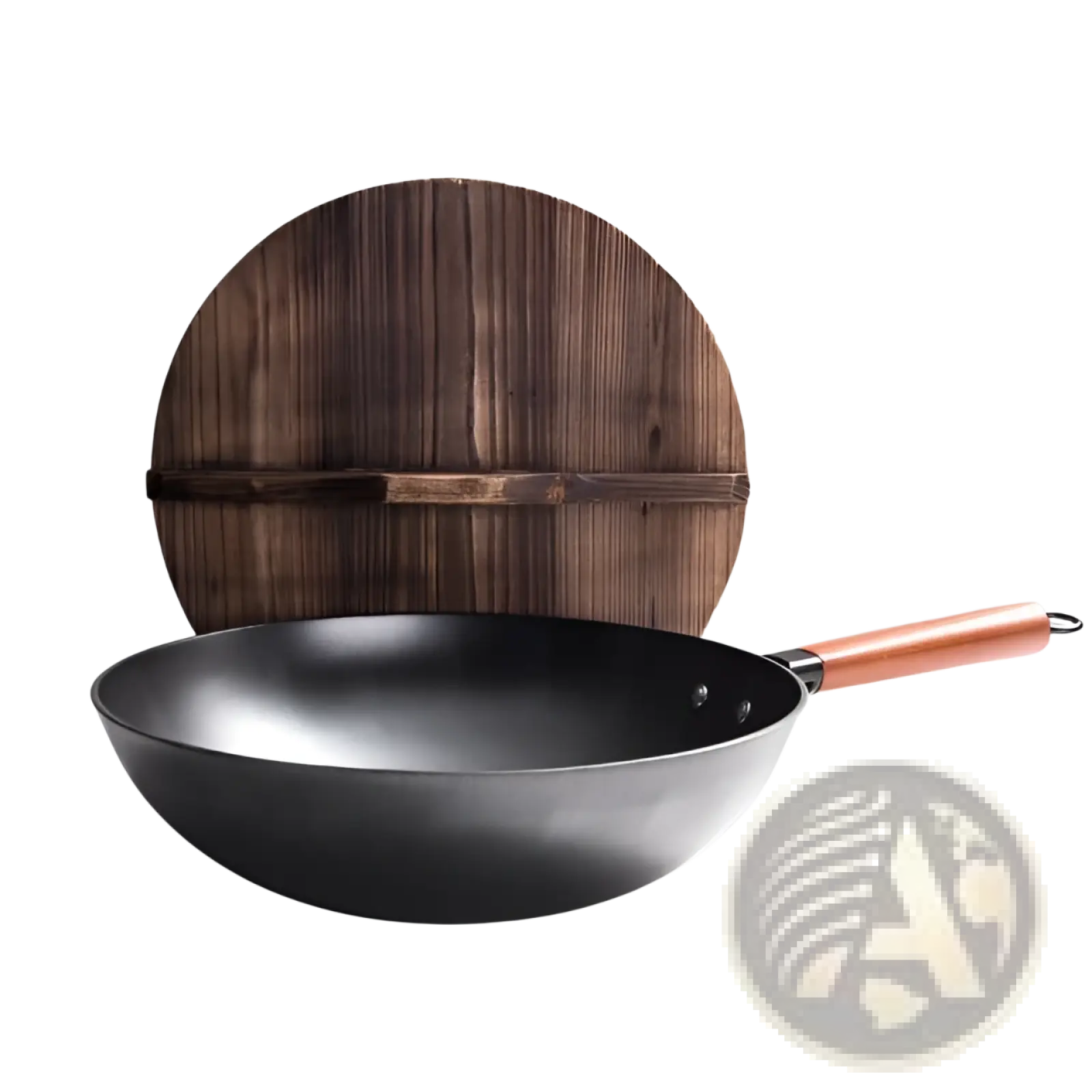 Handmade black cast iron wok with copper-colored wooden handle and matching wooden lid for versatile cooking