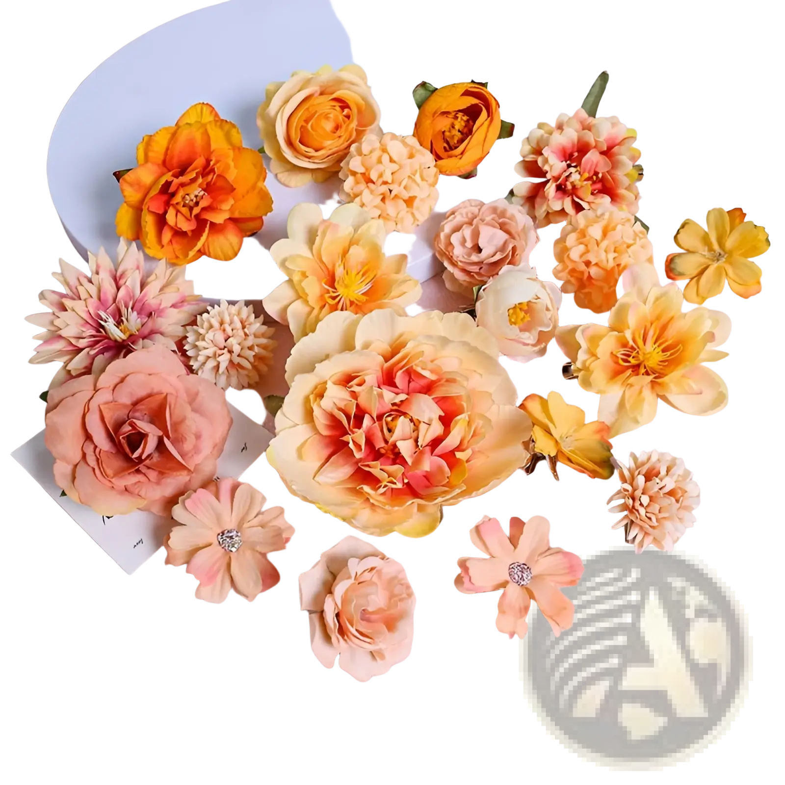 Handmade mixed pastel silk flower diy hair accessory set with artificial peach orange yellow fabric petals and green stems
