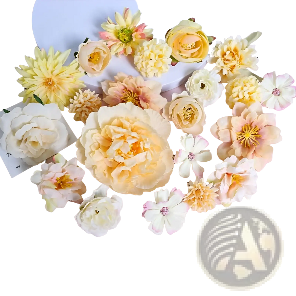 Handmade mixed pastel silk flower diy hair accessory set featuring delicate artificial flowers in yellow peach and cream