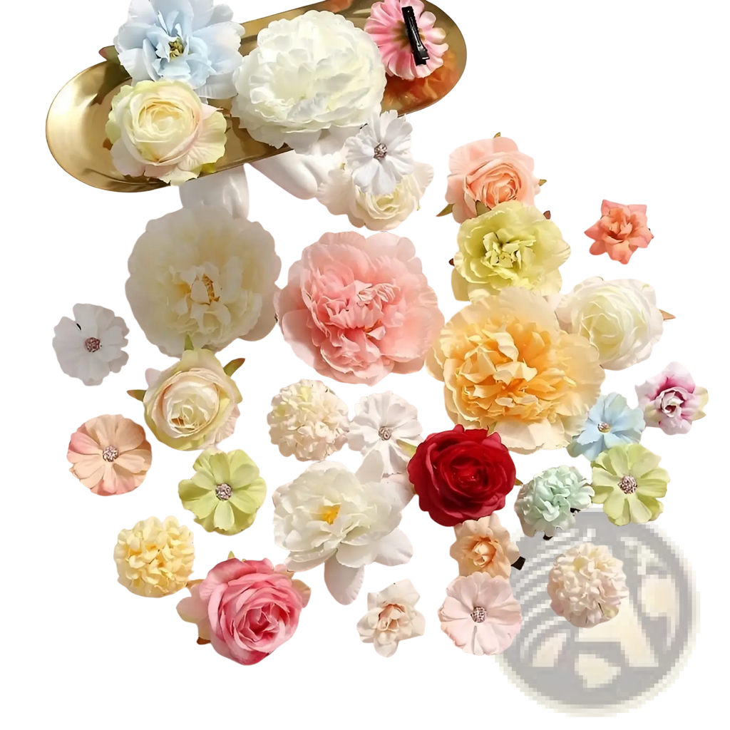 Handmade mixed pastel silk flower diy hair accessory set with delicate fabric flowers in pink yellow white and red hues with crystal centers