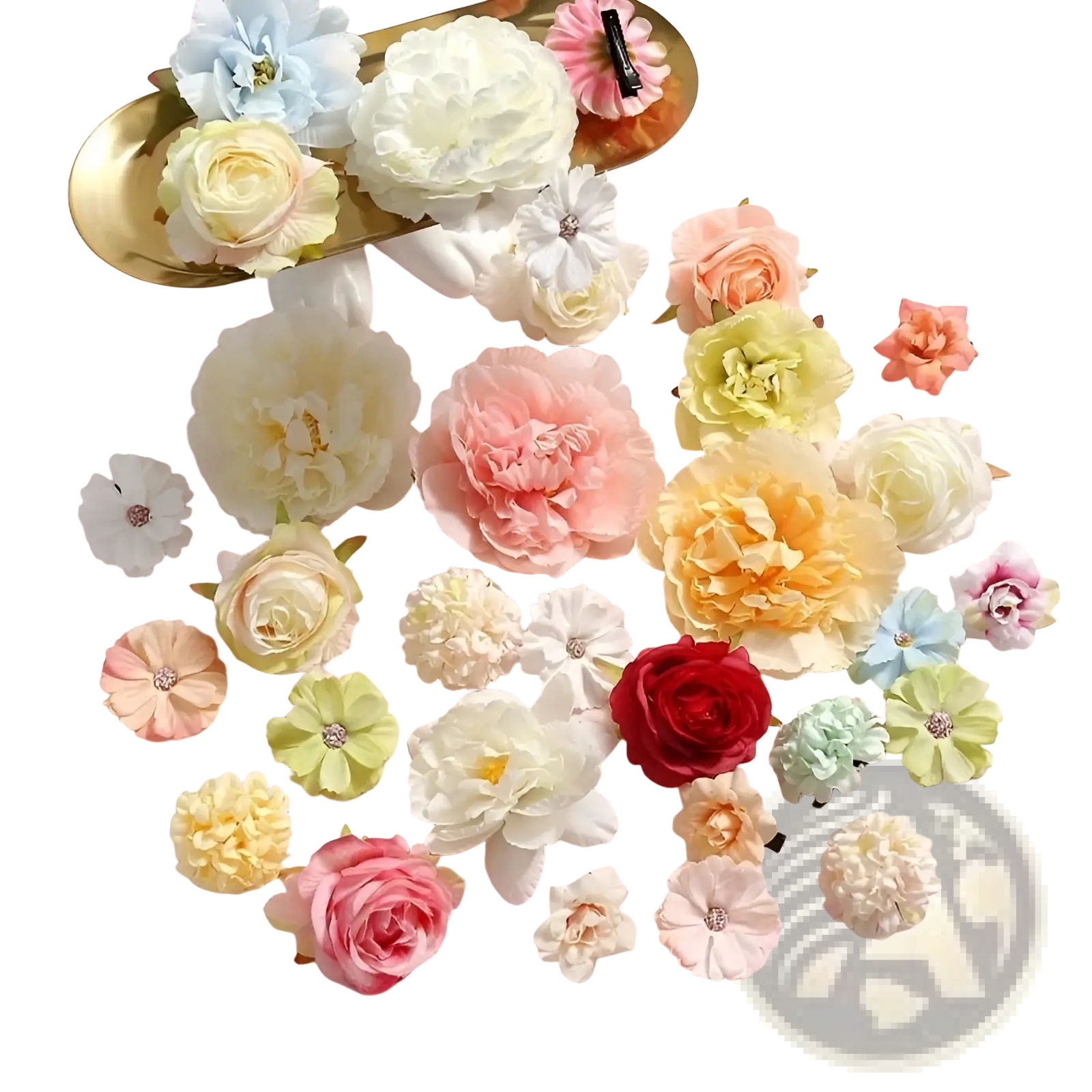 Handmade mixed pastel silk flower diy hair accessory set with delicate fabric flowers in pink yellow white and red hues with crystal centers