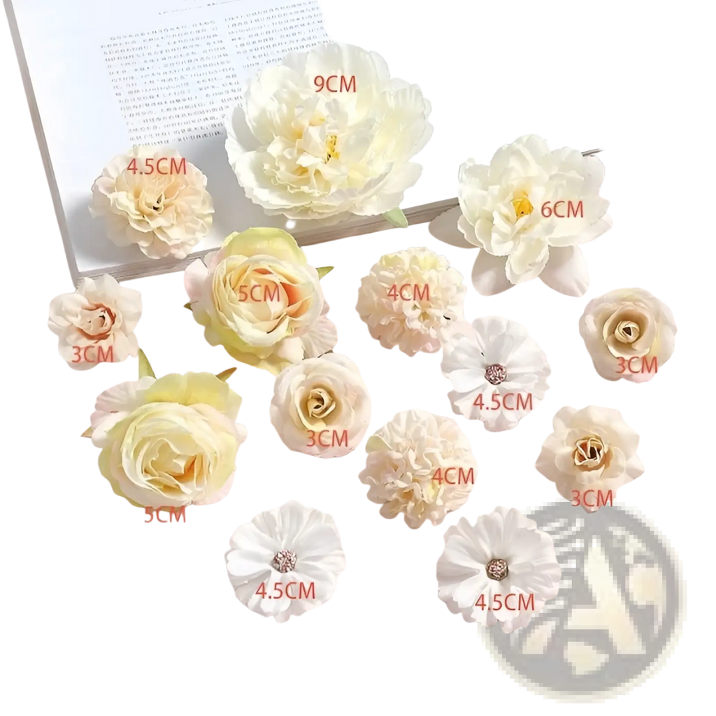 Handmade mixed pastel silk flower diy hair accessory set with soft cream ivory pale yellow fabric petals and crystal centers