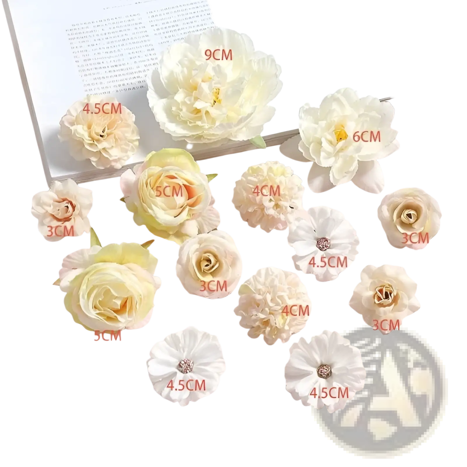 Handmade mixed pastel silk flower diy hair accessory set with soft cream ivory pale yellow fabric petals and crystal centers