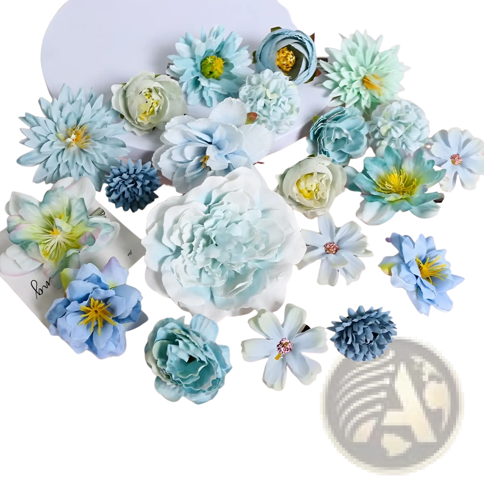 Handmade mixed pastel silk flower hair accessory set featuring artificial flowers in blue white and mint with yellow centers