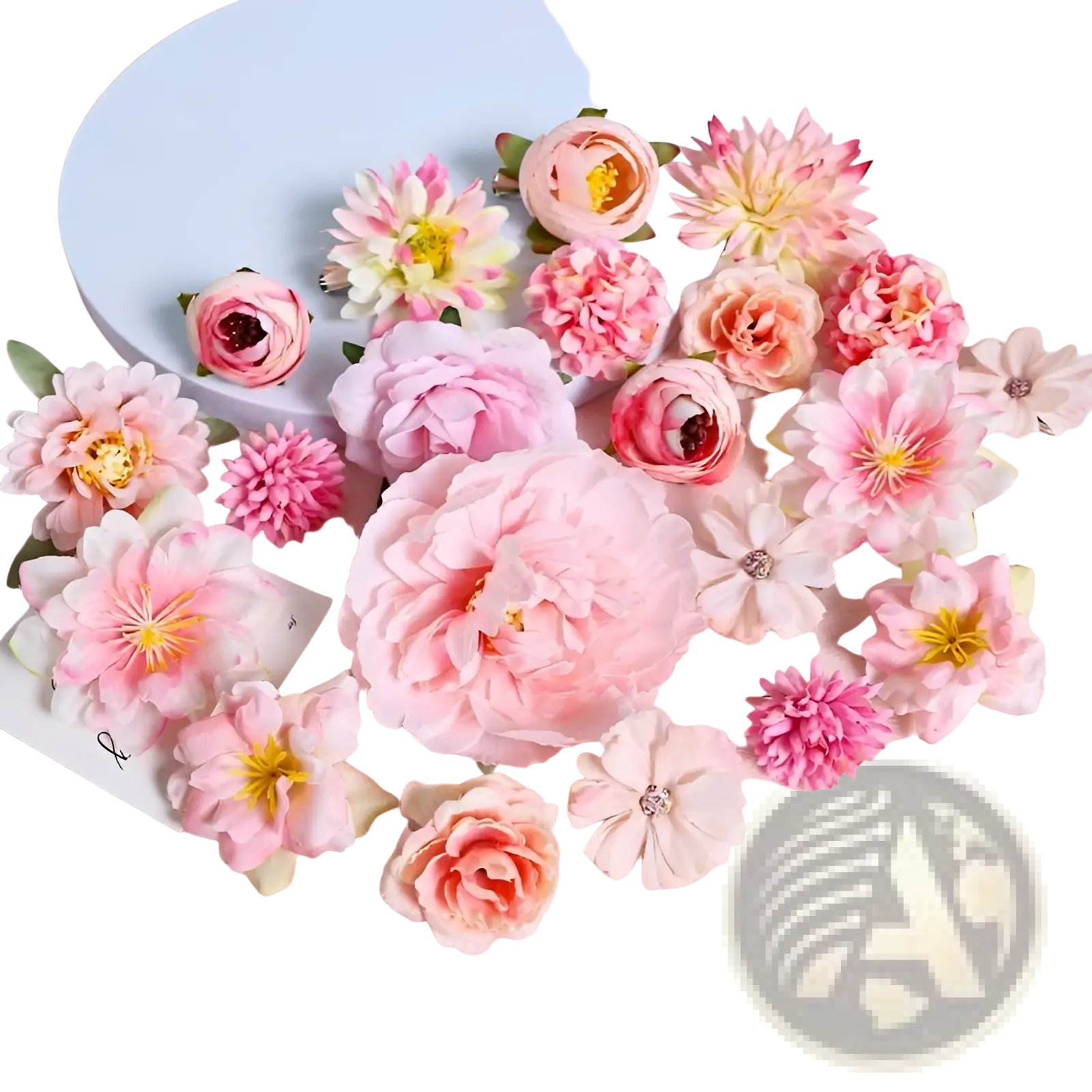 Handmade mixed pastel silk flower diy hair accessory set with soft pink peach and white artificial flowers and yellow centers