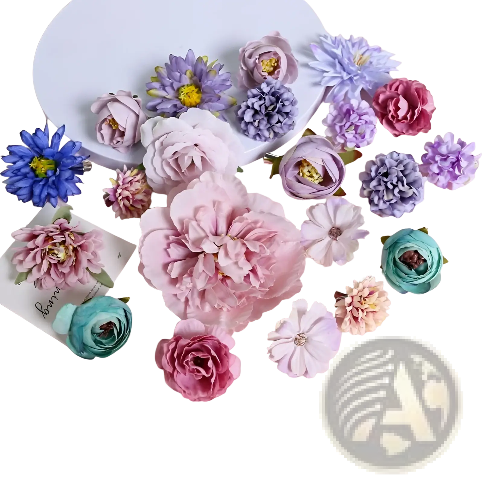 Handmade mixed pastel silk flower diy hair accessory set with delicate artificial flowers in pink lavender blue and teal