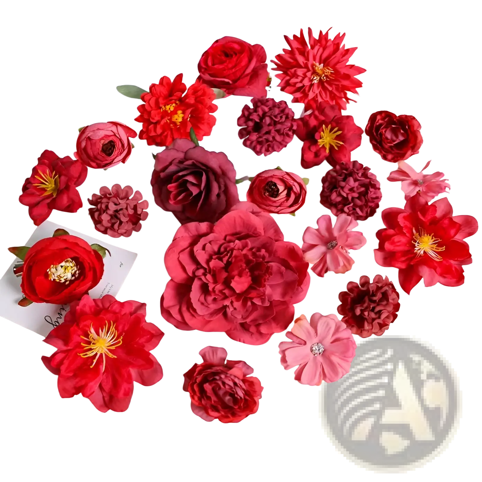 Handmade mixed pastel silk flower diy hair accessory set featuring artificial red and pink flowers with rhinestones