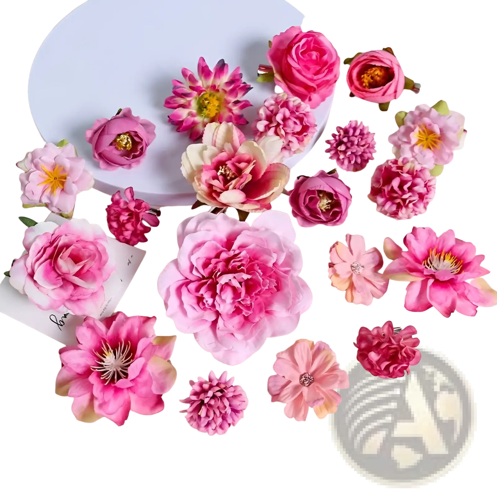 A handmade mixed pastel silk flower diy hair accessory set featuring artificial pink and white flowers with rhinestones