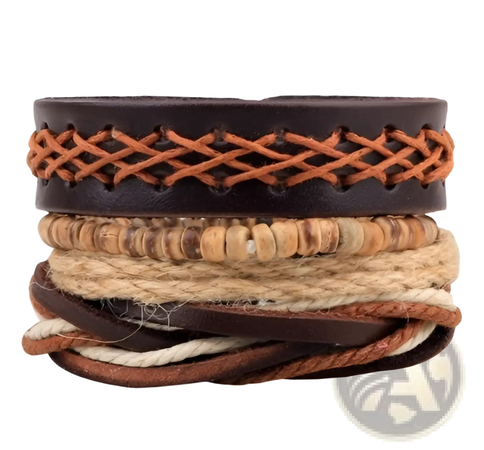 Handmade multilayer braided leather bracelet in rustic brown with woven orange cord and natural wood beads