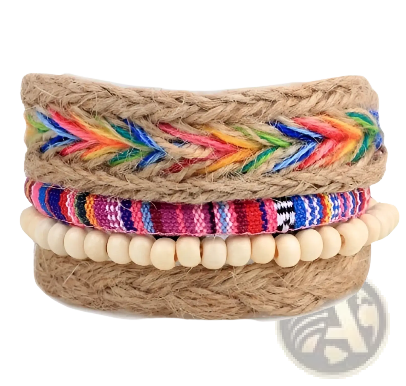 Handmade multilayer braided leather and wood bead bracelet with a braided jute base and vibrant rainbow woven bands