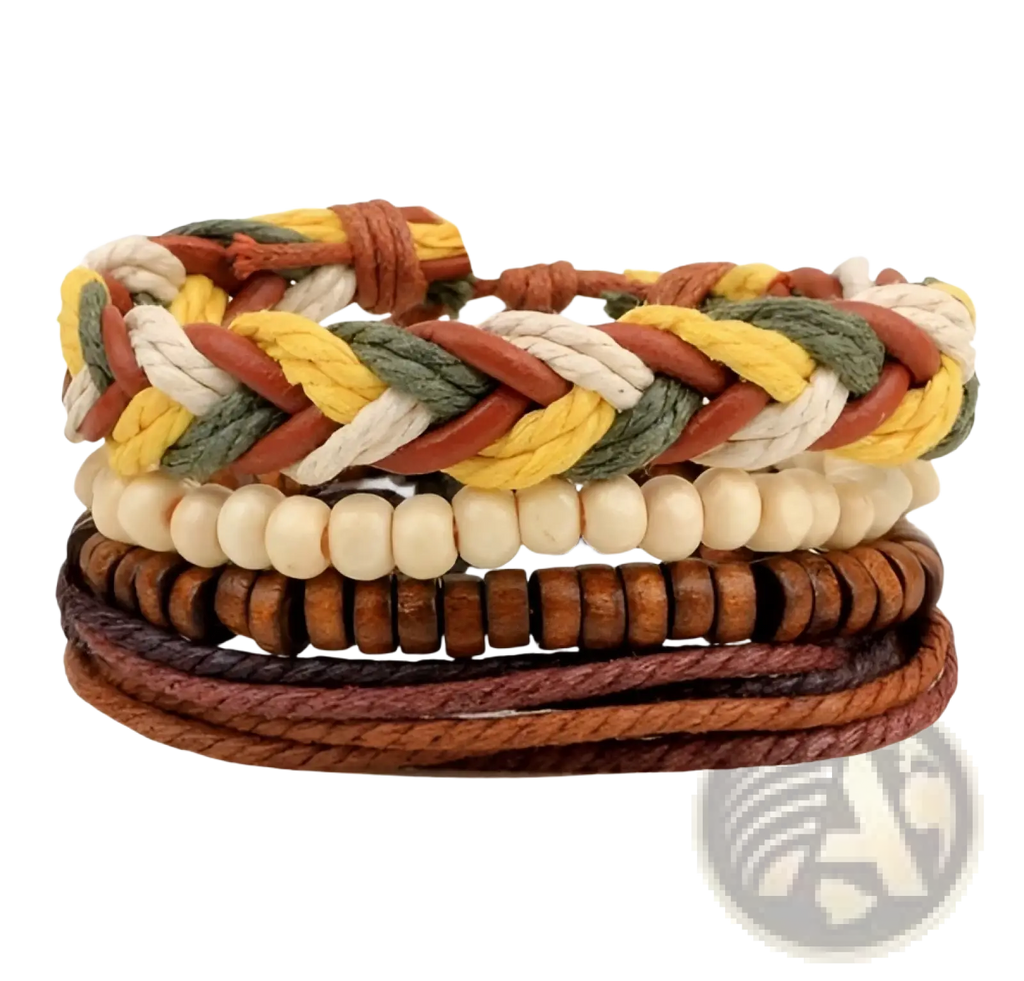 Handmade multilayer braided leather and wood bead bracelet with earth tones featuring yellow, olive green, and cream cords