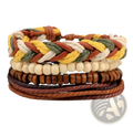 Handmade multilayer braided leather and wood bead bracelet with earth tones featuring yellow, olive green, and cream cords