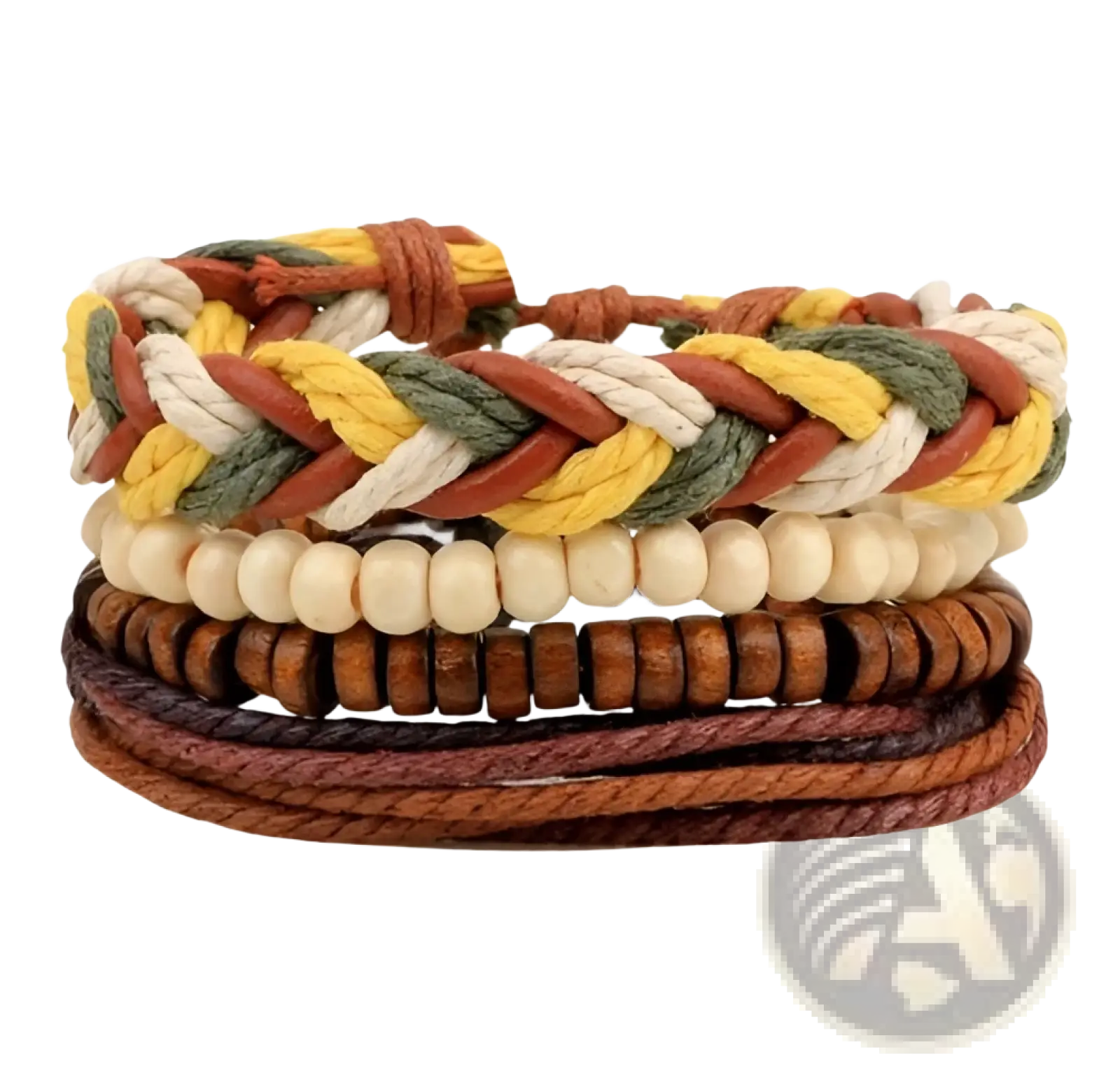 Handmade multilayer braided leather and wood bead bracelet with earth tones featuring yellow, olive green, and cream cords