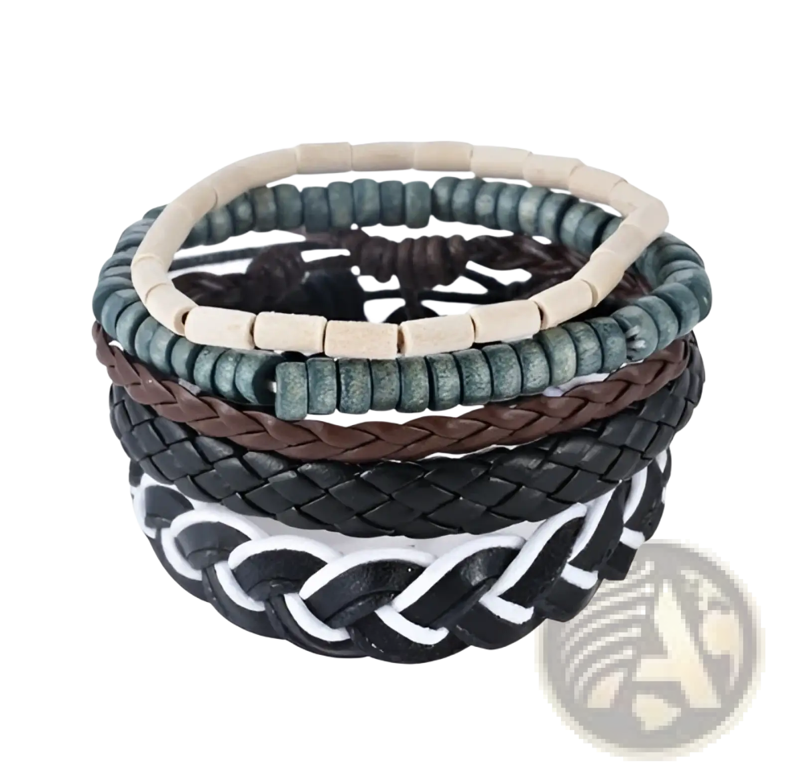 Handmade multilayer braided leather and wood bead bracelet with earthy tones and intricate braided designs stacked together