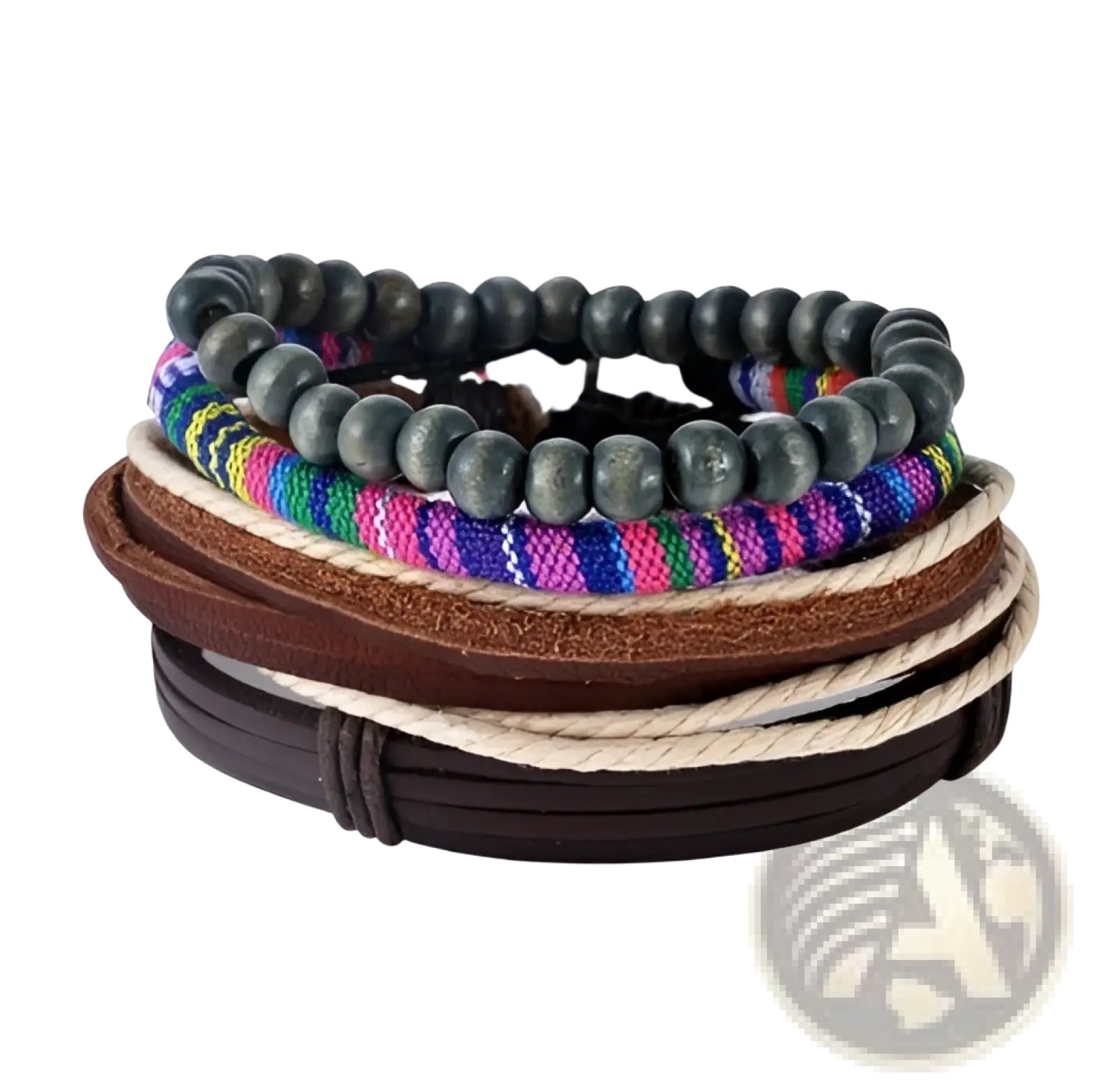 Handmade multilayer braided leather and wood bead bracelet with dark gray beads colorful fabric bands and brown leather straps