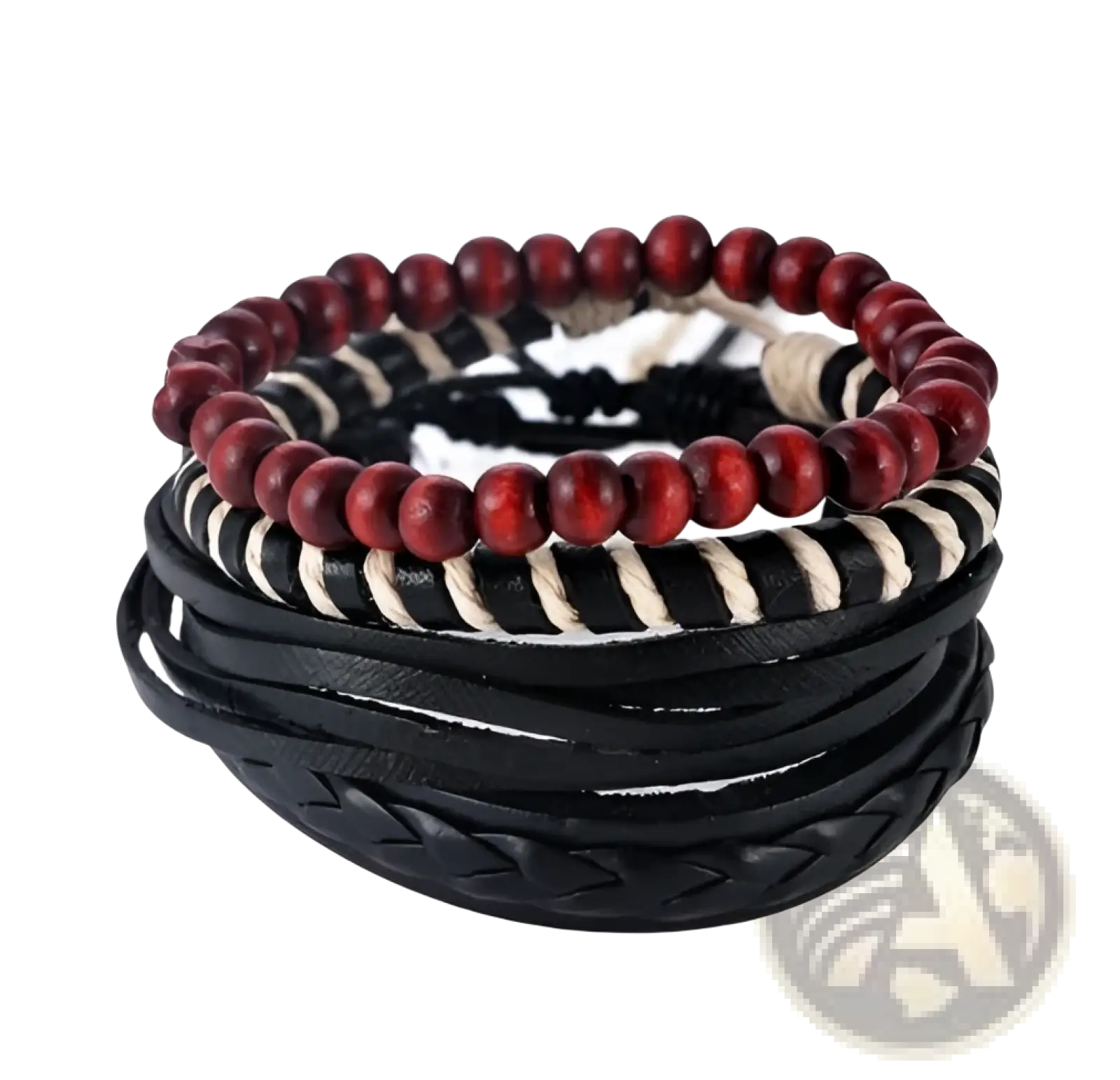 Handmade multilayer braided leather bracelet with black bands red wooden beads and striped black and white cord design
