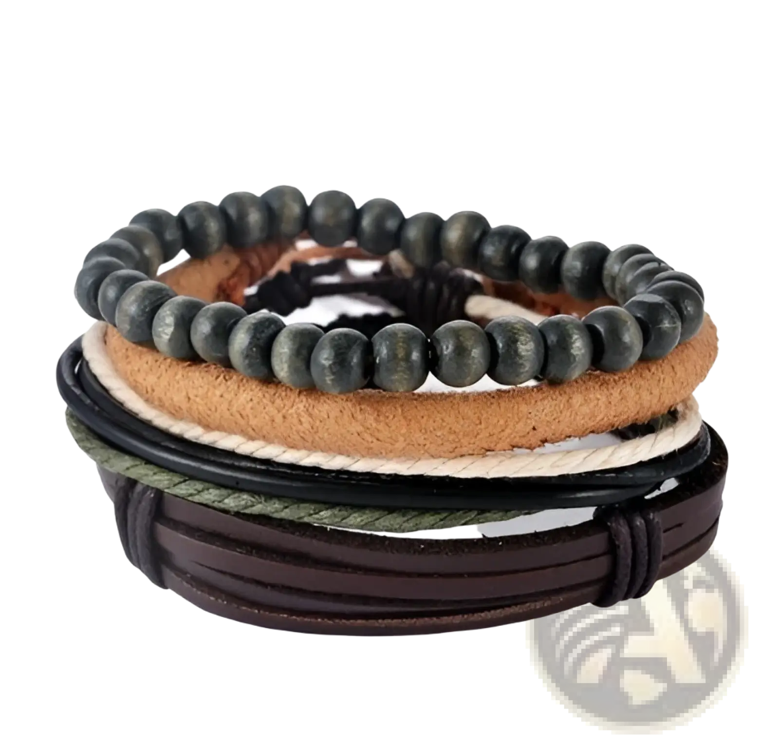 Handmade multilayer braided leather and wood bead bracelet stacked in earthy tones showcasing natural materials