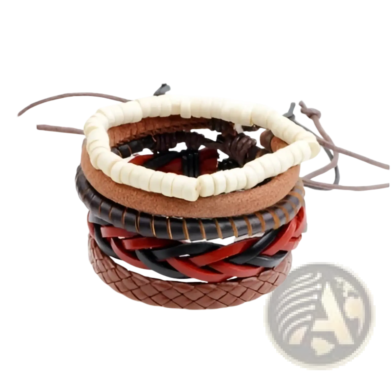 Handmade multilayer braided leather and wood bead bracelet in earthy tones with stacked design and intricate patterns