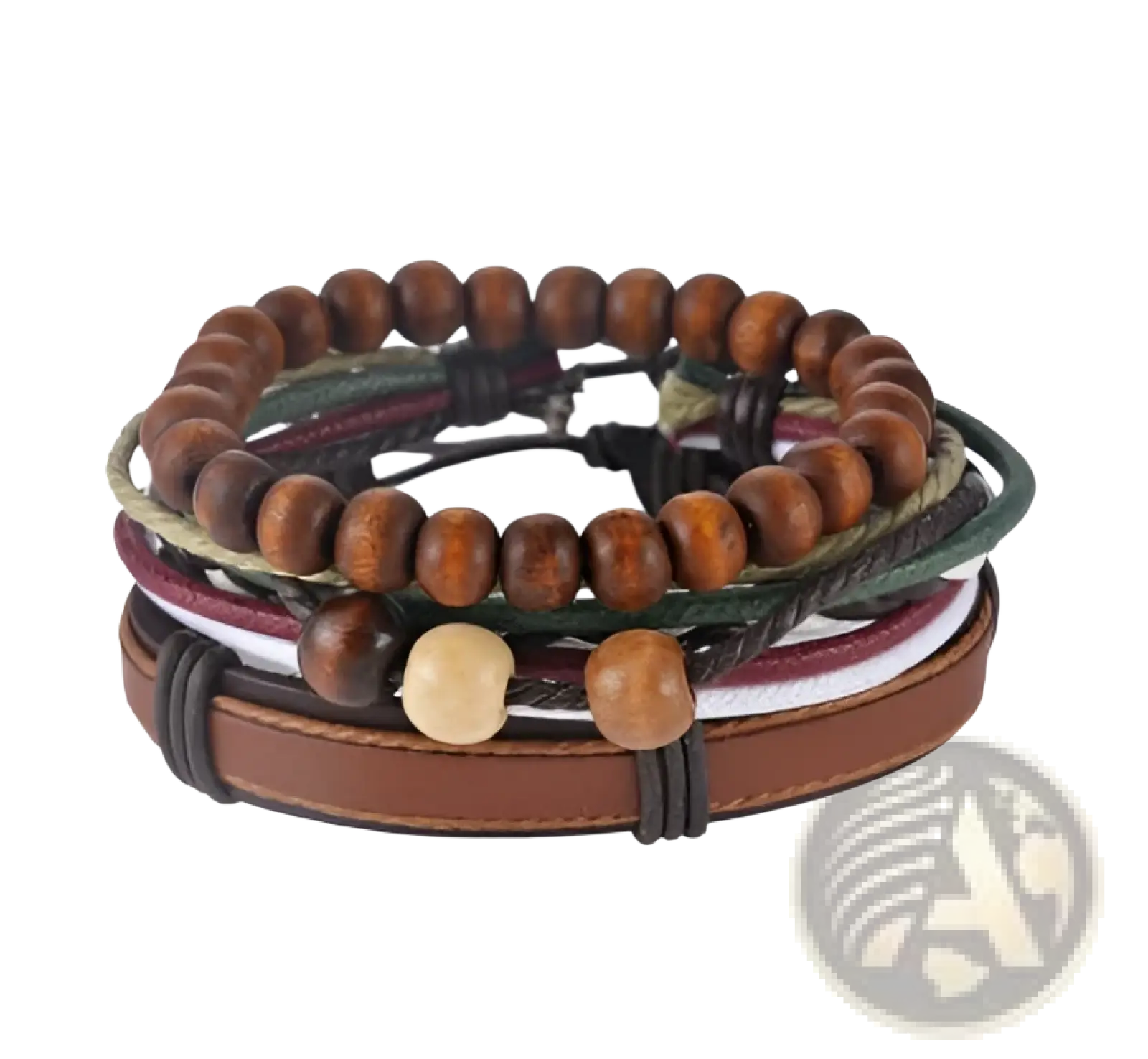 Handmade multilayer braided leather and wood bead bracelet in earthy tones featuring stacked beads and leather straps