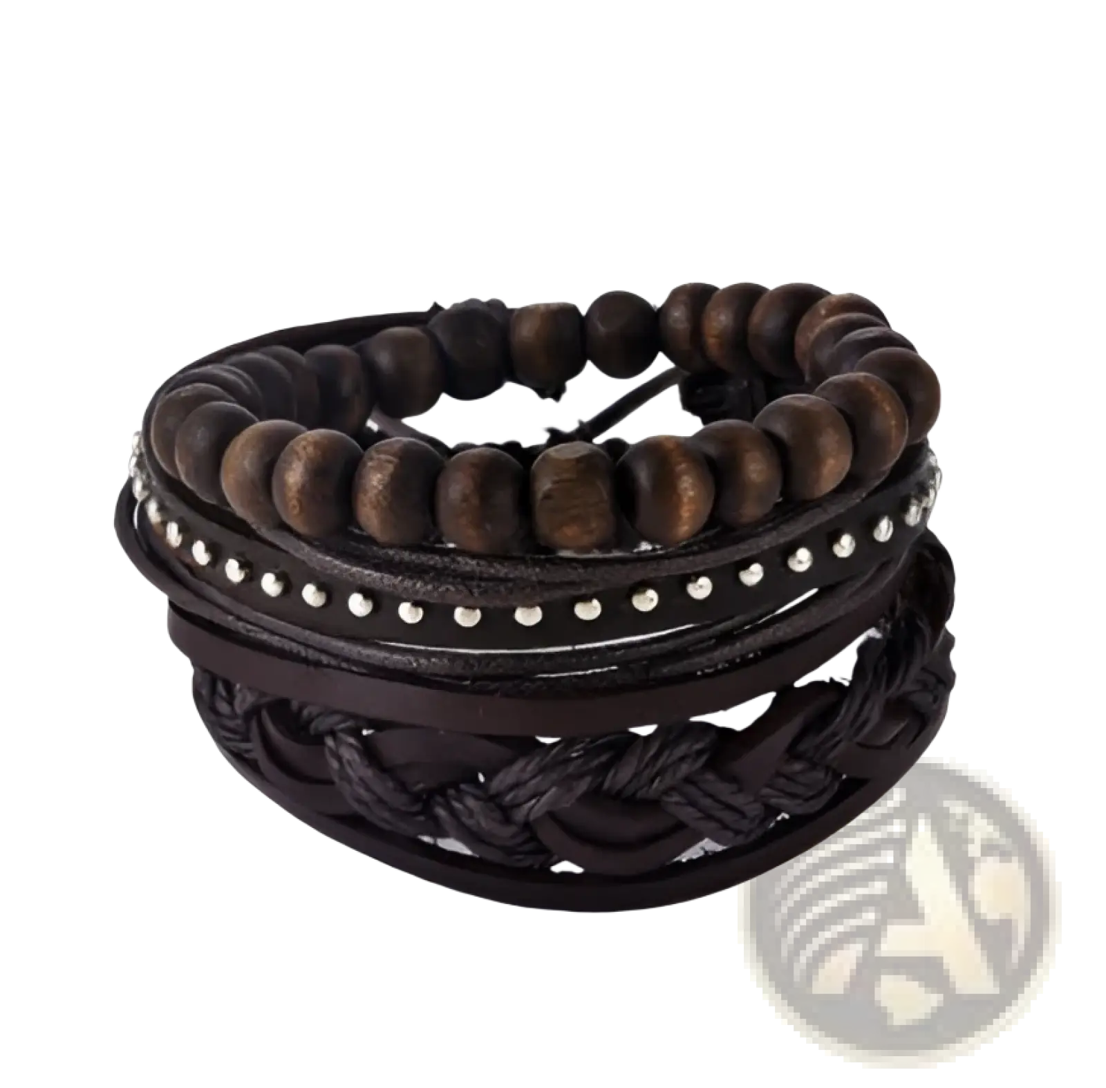 Handmade multilayer braided dark brown leather bracelet with wooden beads and silver studs for stylish wear