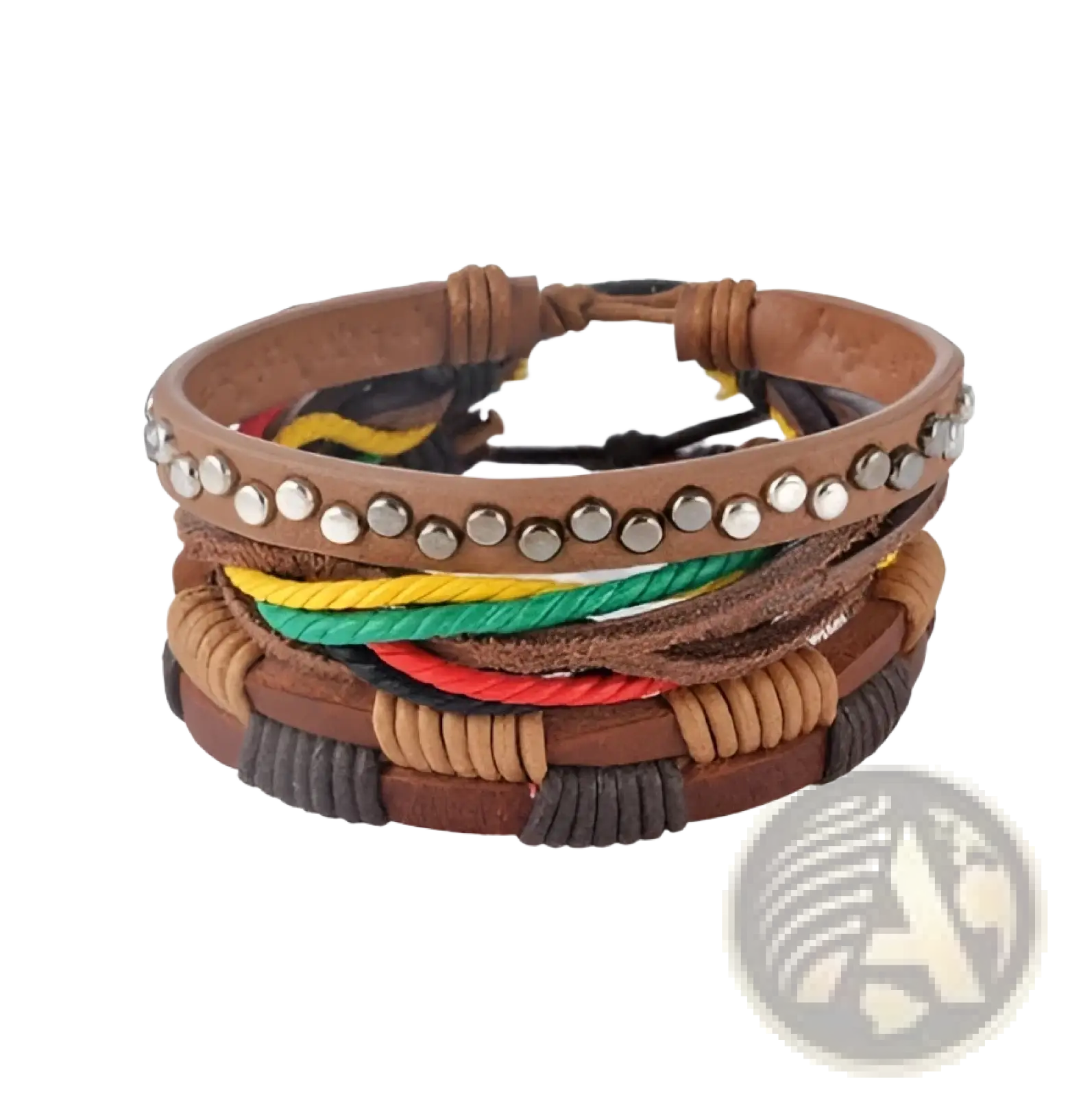 Handmade multilayer braided brown leather bracelet with silver studs and colorful woven cords for stylish wear