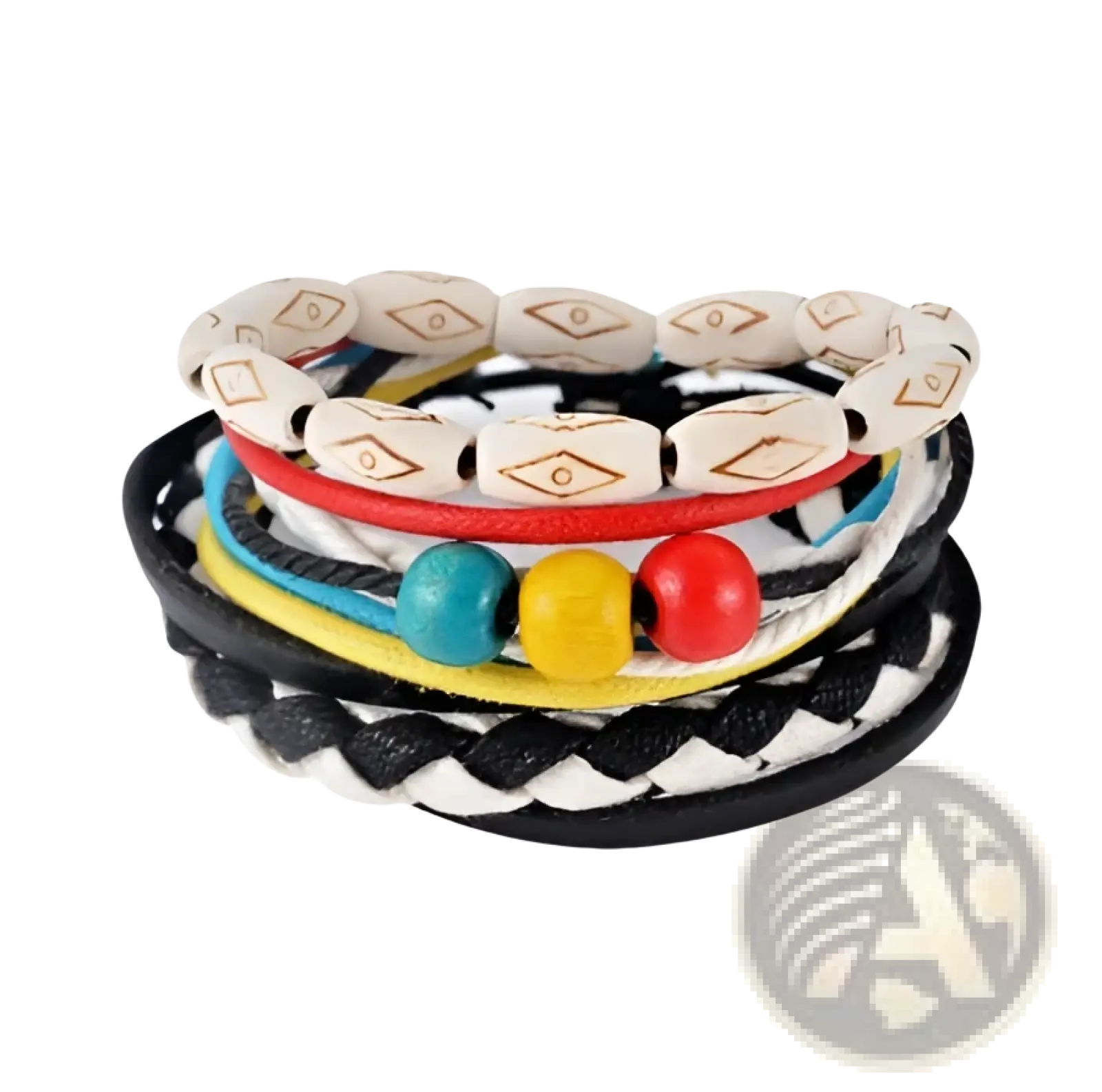 Handmade multilayer braided leather bracelet with colorful patterns and wooden beads for stylish wristwear