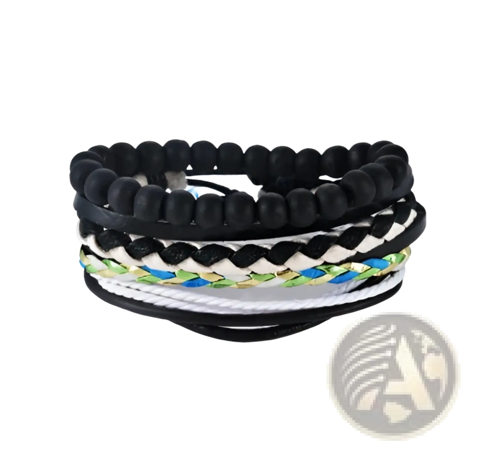 Handmade multilayer braided leather and wood bead bracelet with black beads and multicolored accents wrap design