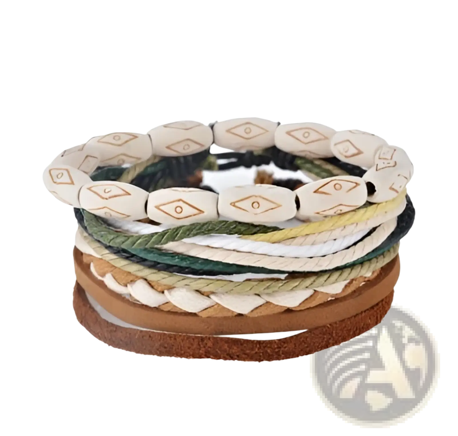 Handmade multilayer braided leather and wood bead bracelet in earthy tones with cream wooden eye engraved beads