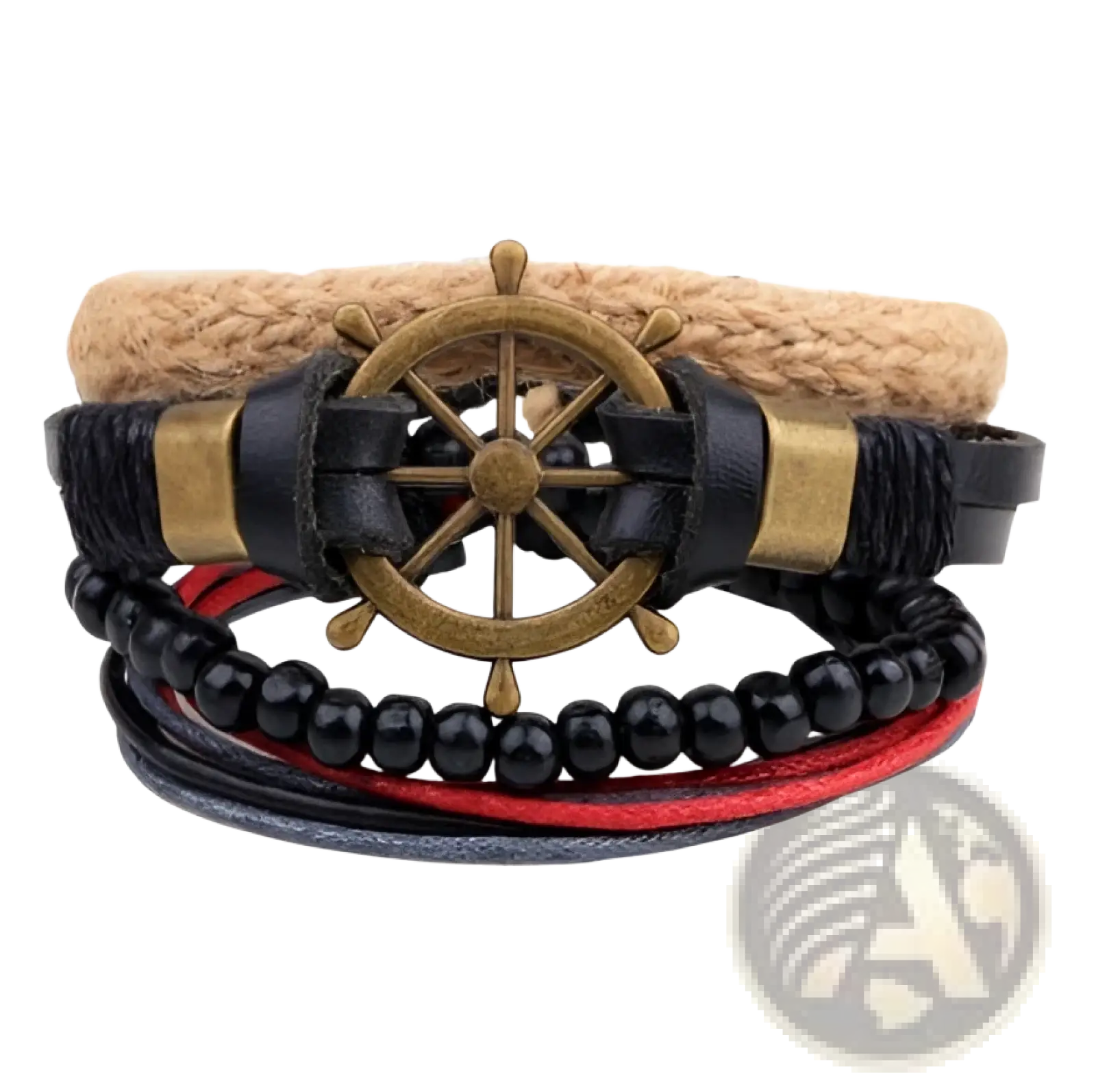Handmade multilayer braided leather and wood bead bracelet with brass ship’s wheel and red navy tan woven cords