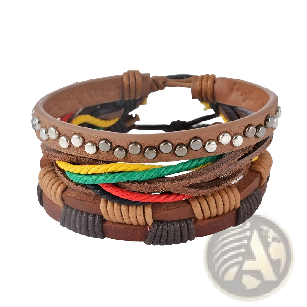 Handmade multilayer braided leather bracelet with brown leather, silver studs, colorful woven cords, and wood beads