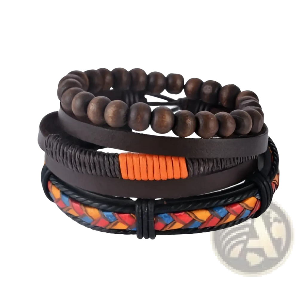 Handmade multilayer braided leather and wood bead bracelet with stacked layers and vibrant orange accent stripe