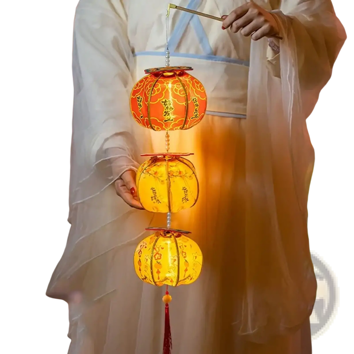 Handmade persimmon chinese new year lantern glowing orange and yellow with intricate gold patterns in tiered design