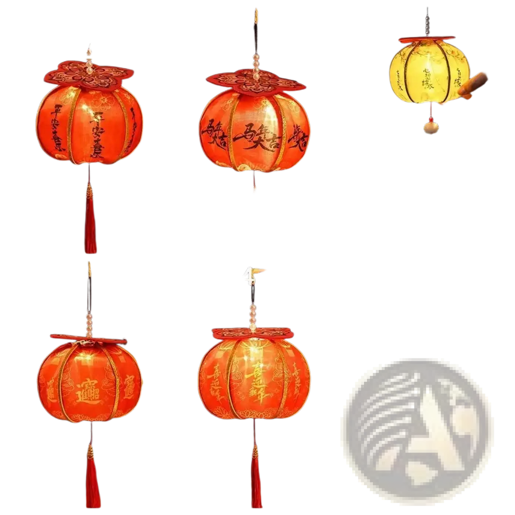Handmade persimmon chinese new year lantern with red paper, gold chinese characters, and tassels, 15cm height