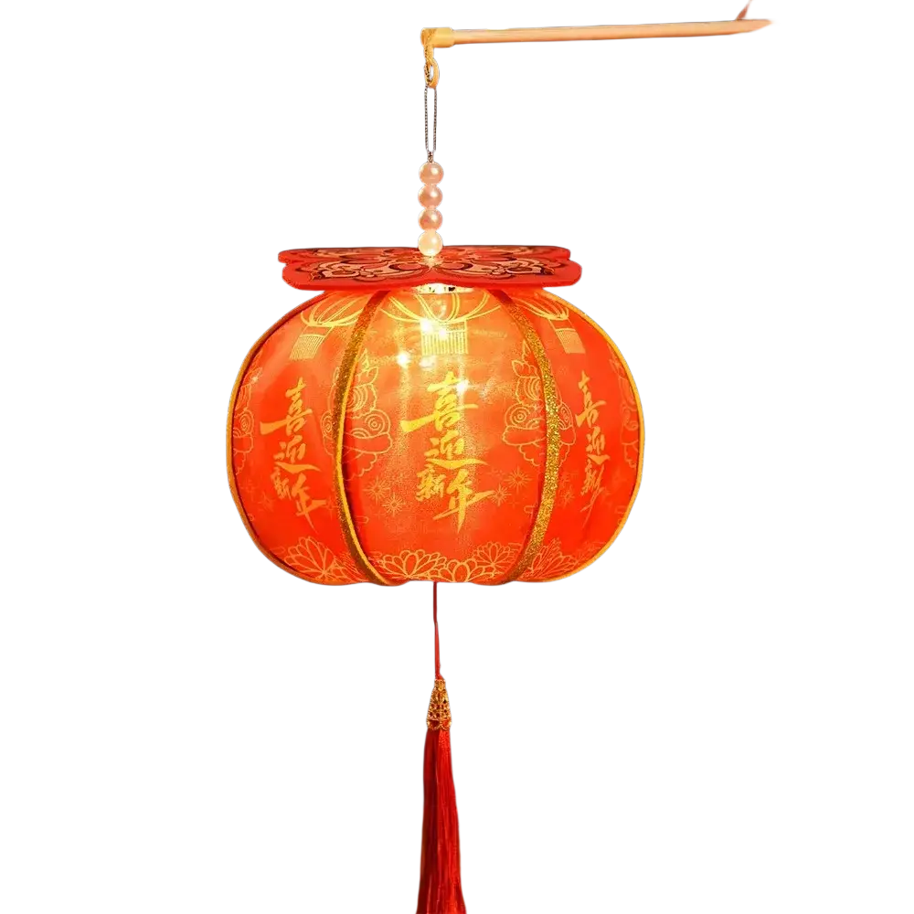 Handmade persimmon red paper lantern with gold chinese characters and floral patterns for Chinese New Year