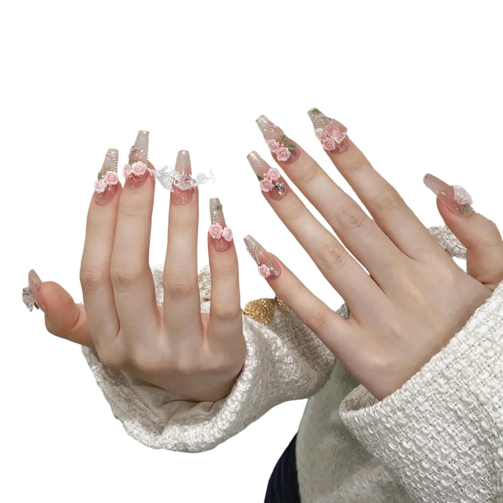 Handmade pink floral almond press on nails with long translucent pink lace and tiny rose embellishments with glitter