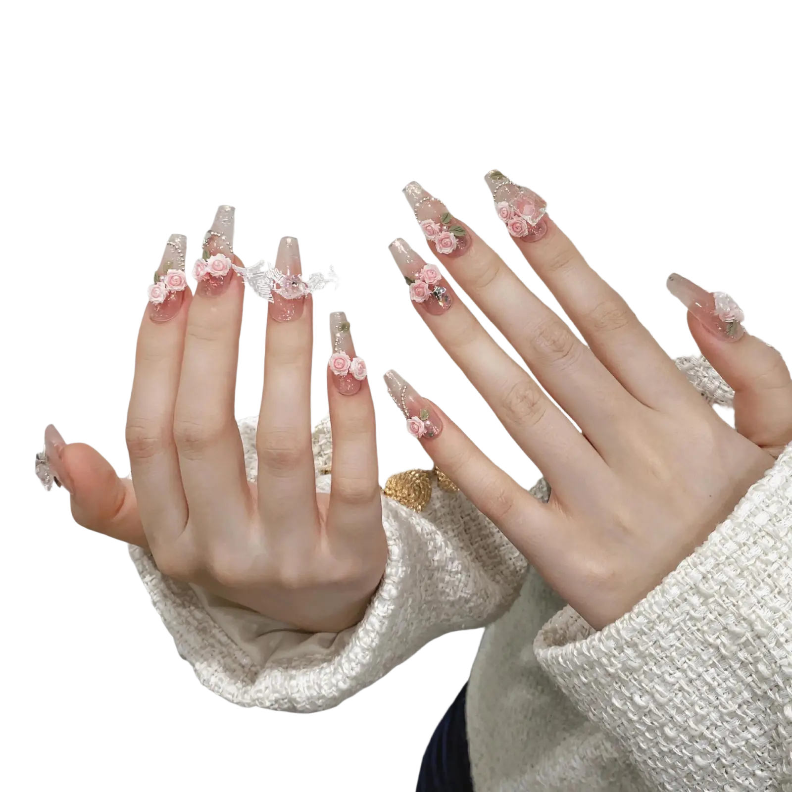 Handmade pink floral almond press on nails with long translucent pink lace and tiny rose embellishments with glitter
