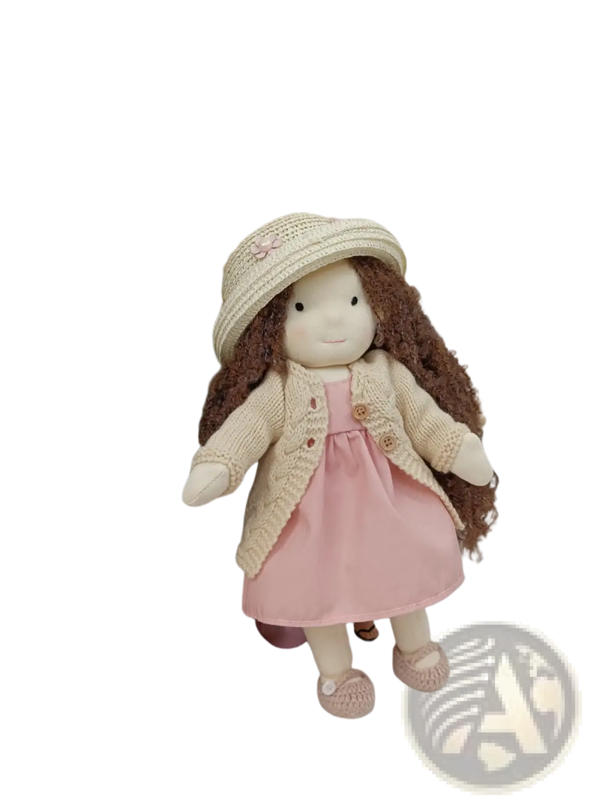 Handmade plush doll with golden curly hair 30cm wearing a soft cream-colored knitted hat with floral embroidery