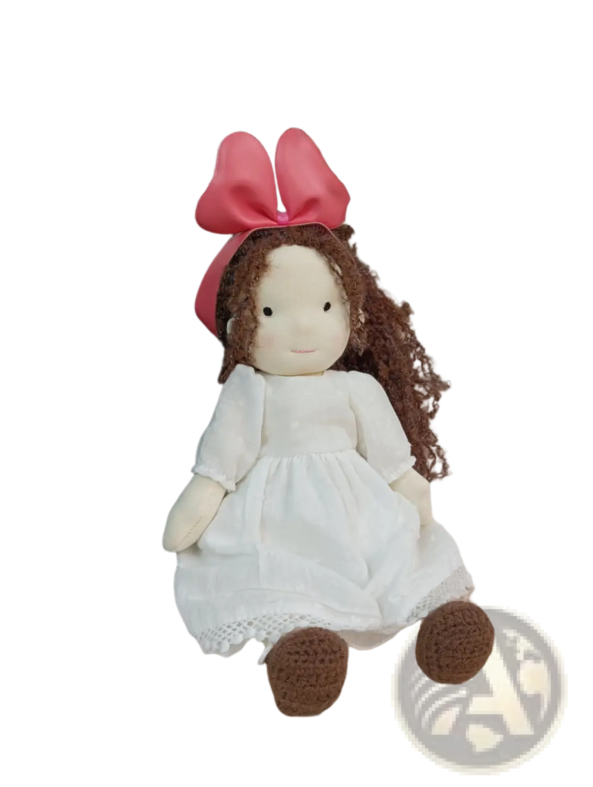 Handmade plush doll with golden curly brown yarn hair wearing a white dress and pink satin bow measuring 30cm