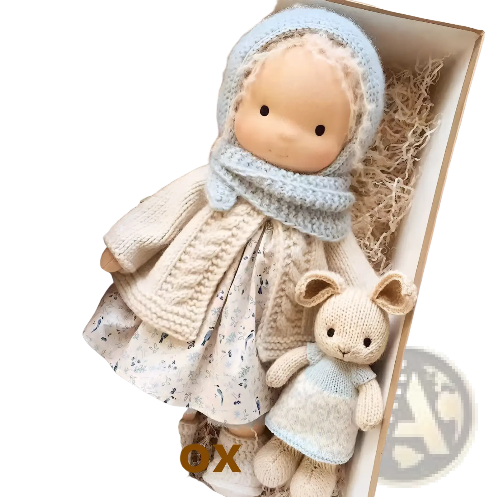 Handmade plush doll with golden curly hair 30cm wearing cream knit dress with floral patterns and light blue bonnet and scarf