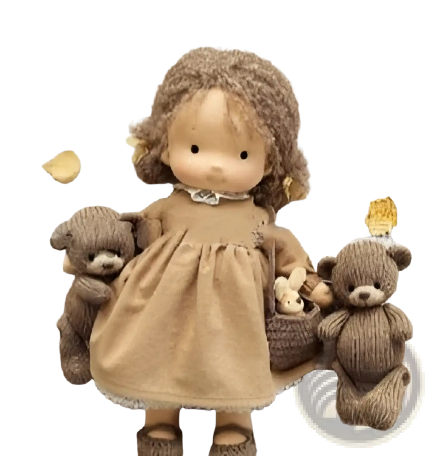 Handmade plush doll with golden curly hair in brown velvet stands beside two matching teddy bears 30cm tall