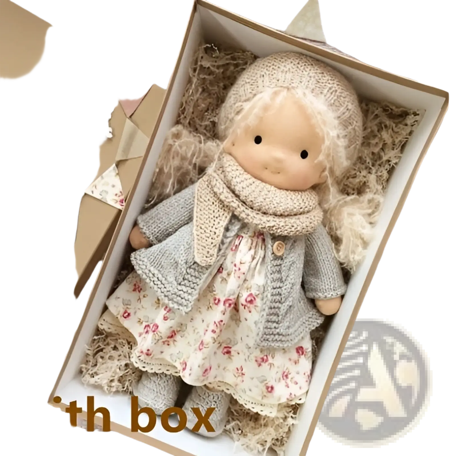 Handmade plush doll with golden curly yarn hair wearing a beige knit hat scarf cardigan over a floral dress