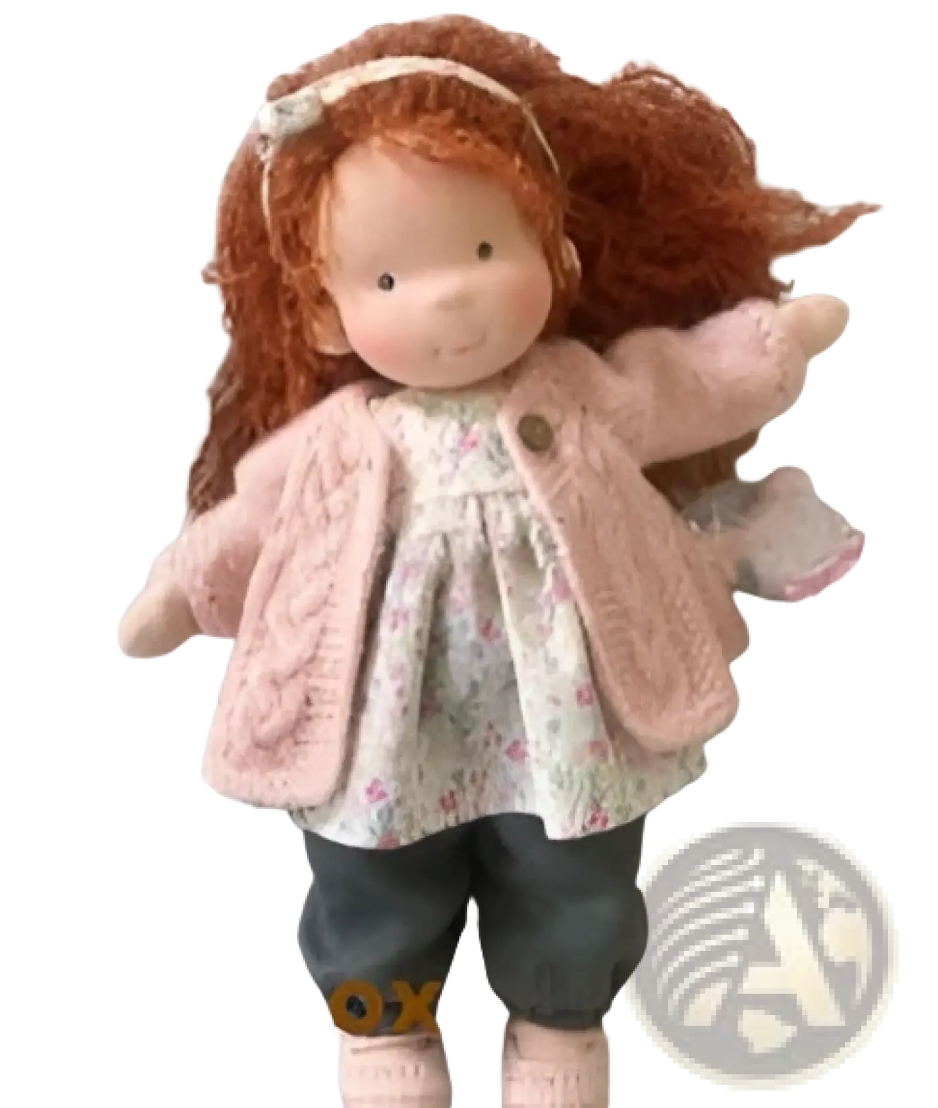 Handmade plush doll with golden curly hair 30cm featuring long auburn hair and pink knitted cardigan over floral dress