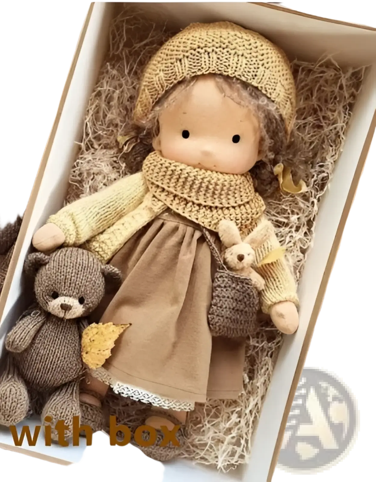 Handmade plush doll with beige face and brown yarn hair wearing knitted hat scarf and sweater over lace trimmed dress
