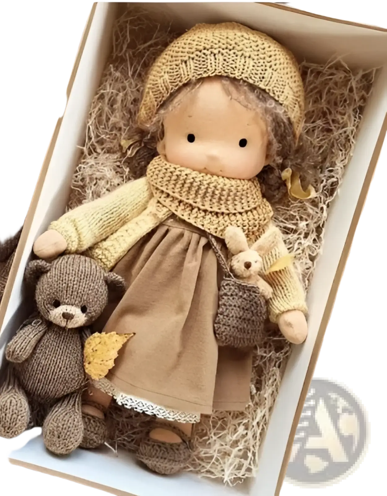 Handmade plush doll with golden curly hair 30cm dressed in knitted beige hat scarf sweater and brown fabric skirt
