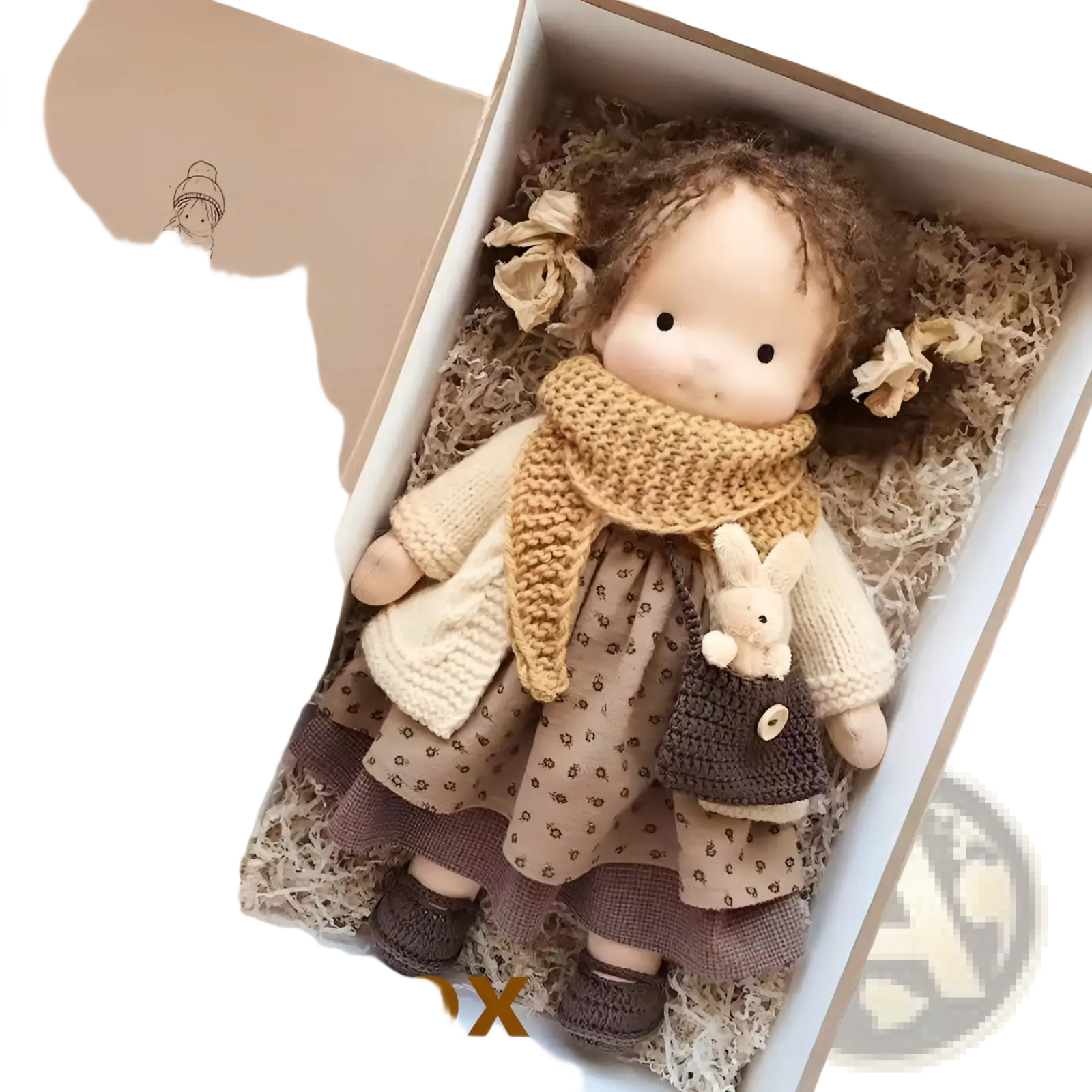 Handmade plush doll with golden curly brown hair wearing a beige knitted sweater scarf and patterned earthy dress