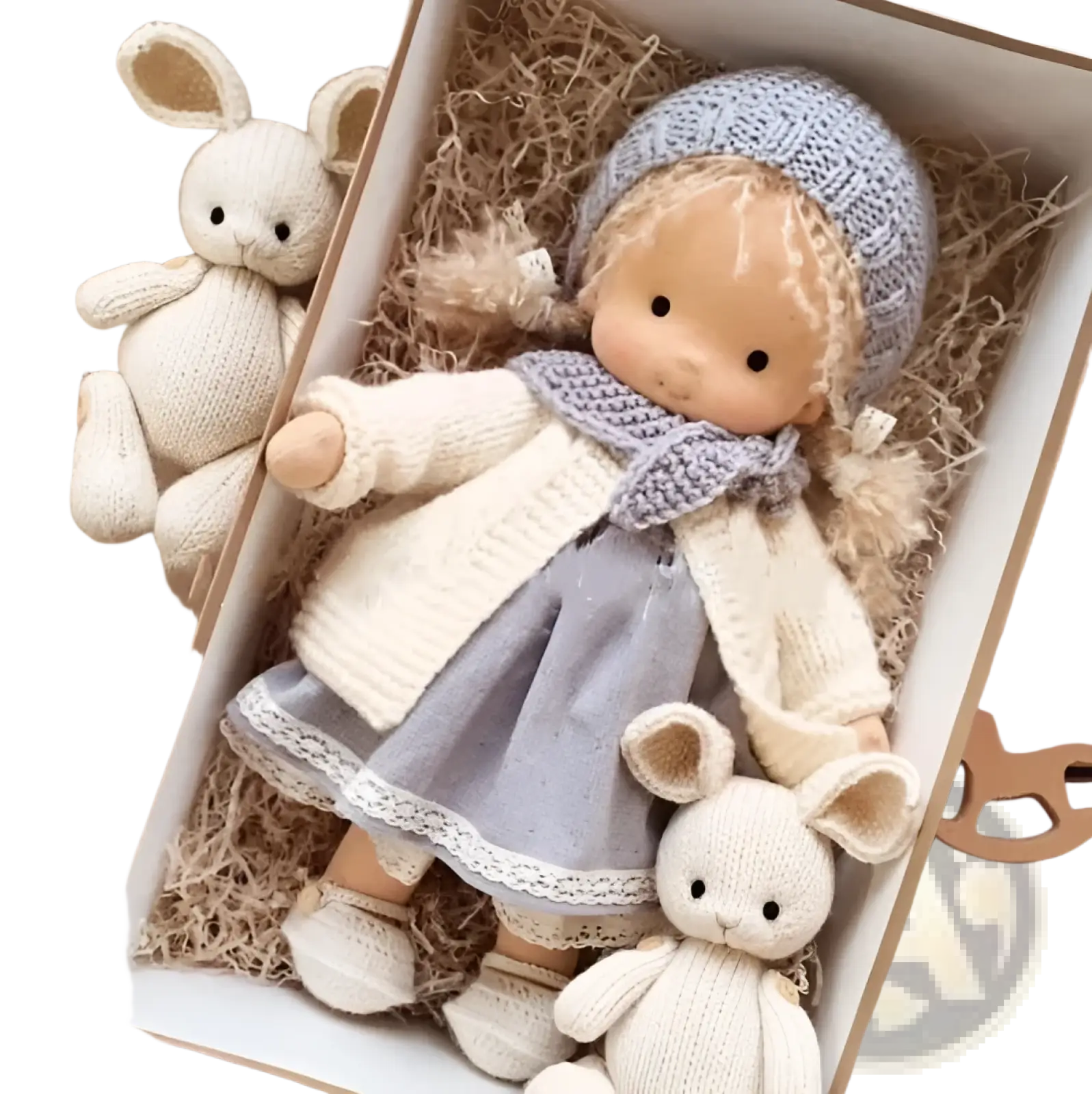 Handmade plush doll with golden curly yarn hair wearing a blue knit hat, ivory cardigan, and grey lace dress